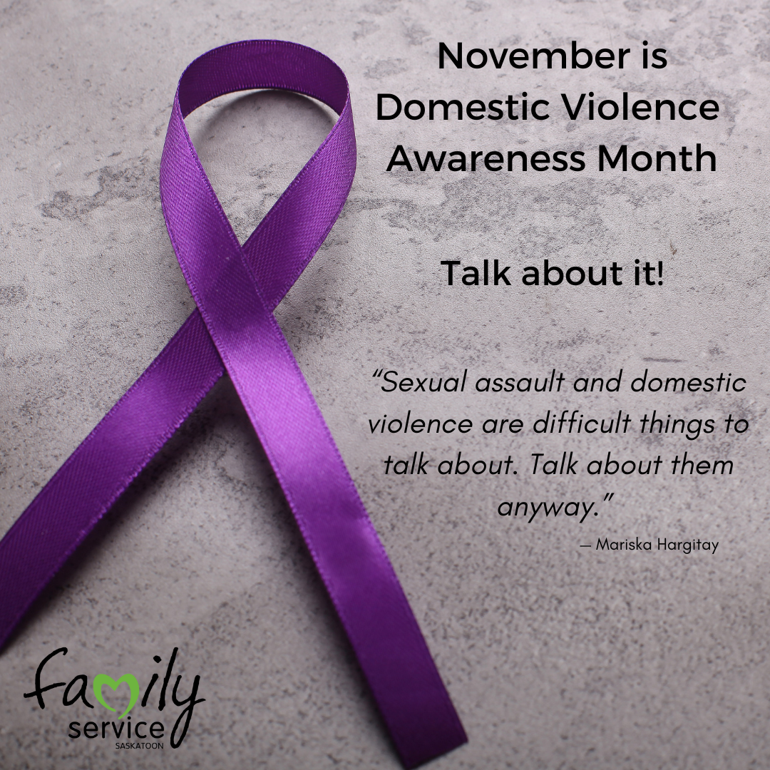 Domestic Violence Awareness Month post with purple ribbon